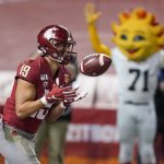 Washington State wide receiver Brandon Arconado (19) scores a touchdown against Air Force in the second half during the Cheez-It Bowl NCAA college football game, Friday, Dec. 27, 2019, in Phoenix. Air Force defeated Washington State 31-21. (AP Photo/Rick Scuteri)