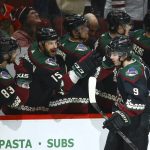 
              Arizona Coyotes right wing Clayton Keller (9) celebrates his goal against the Chicago Blackhawks with teammates Conor Garland (83) and Brad Richardson (15) during the second period of an NHL hockey game Thursday, Dec. 12, 2019, in Glendale, Ariz. (AP Photo/Ross D. Franklin)
            