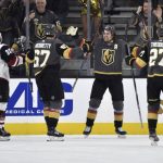 Vegas Golden Knights right wing Mark Stone (61) reacts after scoring against the Arizona Coyotes during the first period of an NHL hockey game Saturday, Dec. 28, 2019, in Las Vegas. (AP Photo/David Becker)