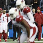 Arizona Cardinals starting quarterback Kyler Murray (1) stands on the sideline after leaving the game with an injury during the second half of an NFL football game against the Seattle Seahawks, Sunday, Dec. 22, 2019, in Seattle. (AP Photo/Elaine Thompson)