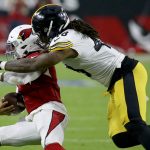 Arizona Cardinals quarterback Kyler Murray is tackled by Pittsburgh Steelers outside linebacker Bud Dupree, right, prior to an NFL football game, Sunday, Dec. 8, 2019, in Glendale, Ariz. (AP Photo/Ross D. Franklin)