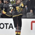 Vegas Golden Knights right wing Mark Stone smiles after scoring against the Arizona Coyotes during the first period of an NHL hockey game Saturday, Dec. 28, 2019, in Las Vegas. (AP Photo/David Becker)