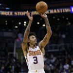 Phoenix Suns forward Kelly Oubre Jr. (3) shoots against the Portland Trail Blazers during the second half of an NBA basketball game, Monday, Dec. 16, 2019, in Phoenix. The Trail Blazers won 111-110. (AP Photo/Matt York)