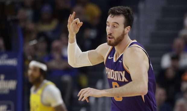 Phoenix Suns forward Frank Kaminsky III gestures after scoring against the Golden State Warriors du...