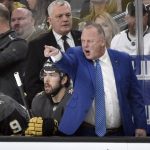 Vegas Golden Knights coach Gerard Gallant questions a call during the first period of the team's NHL hockey game against the Arizona Coyotes on Saturday, Dec. 28, 2019, in Las Vegas. (AP Photo/David Becker)