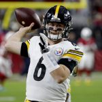 Pittsburgh Steelers quarterback Devlin Hodges (6) warms up prior to an NFL football game against the Arizona Cardinals, Sunday, Dec. 8, 2019, in Glendale, Ariz. (AP Photo/Rick Scuteri)