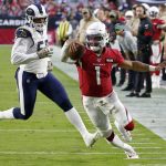 Arizona Cardinals quarterback Kyler Murray (1) runs for a touchdown as Los Angeles Rams outside linebacker Samson Ebukam looks on during the second half of an NFL football game, Sunday, Dec. 1, 2019, in Glendale, Ariz. (AP Photo/Ross D. Franklin)