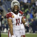 Arizona Cardinals wide receiver Larry Fitzgerald (11) reacts at the end of an NFL football game against the Seattle Seahawks, Sunday, Dec. 22, 2019, in Seattle. (AP Photo/Lindsey Wasson)