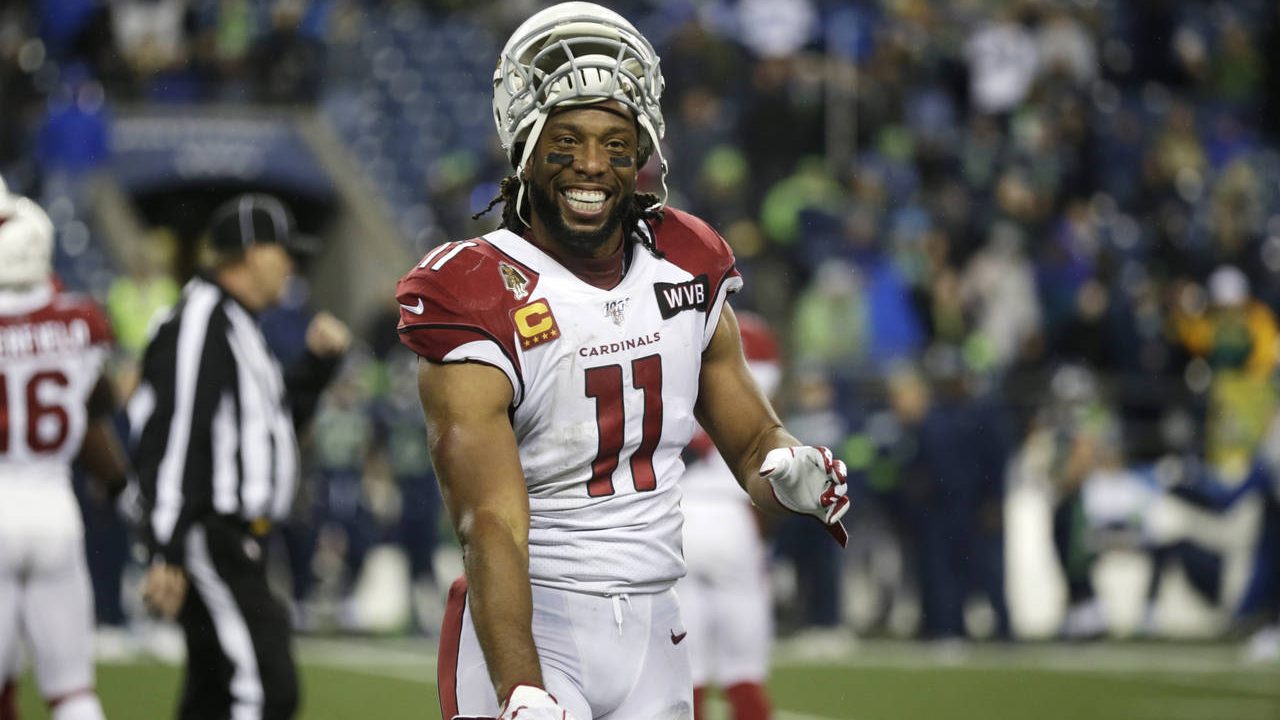 Arizona Cardinals wide receiver Larry Fitzgerald (11) reacts at the end of an NFL football game aga...