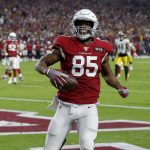 Arizona Cardinals tight end Charles Clay (85) scores a touchdown against the Pittsburgh Steelers during the first half of an NFL football game, Sunday, Dec. 8, 2019, in Glendale, Ariz. (AP Photo/Rick Scuteri)