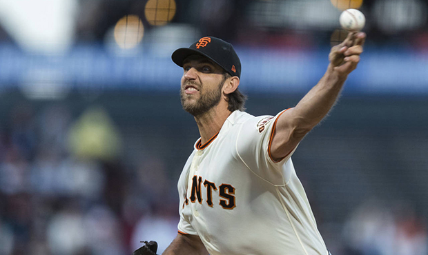 In this Sept. 9,2019, file photo, San Francisco Giants starting pitcher Madison Bumgarner throws ag...
