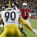 Arizona Cardinals quarterback Kyler Murray (1) throws an interception in the end zone to Pittsburgh Steelers outside linebacker T.J. Watt (90) during the second half of an NFL football game, Sunday, Dec. 8, 2019, in Glendale, Ariz. (AP Photo/Ross D. Franklin)