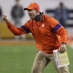 Clemson coach Dabo Swinney yells during the first half of the team's Fiesta Bowl NCAA college football game playoff semifinal against Ohio State on Saturday, Dec. 28, 2019, in Glendale, Ariz. (AP Photo/Ross D. Franklin)