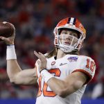 Clemson quarterback Trevor Lawrence warms up for the team's Fiesta Bowl NCAA college football game against Ohio State on Saturday, Dec. 28, 2019, in Glendale, Ariz. (AP Photo/Rick Scuteri)