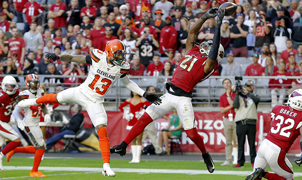 Arizona Cardinals cornerback Patrick Peterson (21) intercepts a pass in the end zone intended for C...