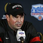 Ohio State coach Ryan Day speaks during a news conference after Clemson's 29-23 win in the Fiesta Bowl NCAA college football playoff semifinal Saturday, Dec. 28, 2019, in Glendale, Ariz. (AP Photo/Ross D. Franklin)