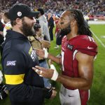 Pittsburgh Steelers' Ben Roethlisberger, left, greets Arizona Cardinals wide receiver Larry Fitzgerald (11) after an NFL football game, Sunday, Dec. 8, 2019, in Glendale, Ariz. The Steelers won 23-17. (AP Photo/Rick Scuteri)