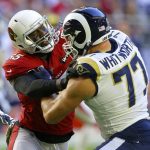 Arizona Cardinals linebacker Chandler Jones, left, battles Los Angeles Rams offensive tackle Andrew Whitworth (77) during the first half of an NFL football game, Sunday, Dec. 1, 2019, in Glendale, Ariz. (AP Photo/Ross D. Franklin)