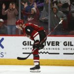 Arizona Coyotes defenseman Jakob Chychrun celebrates his goal against the Minnesota Wild during the third period of an NHL hockey game Thursday, Dec. 19, 2019, in Glendale, Ariz. The Wild won 8-5. (AP Photo/Ross D. Franklin)