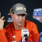 Clemson coach Dabo Swinney speaks during a news conference after the team's 29-23 win over Ohio State in the Fiesta Bowl NCAA college football playoff semifinal Saturday, Dec. 28, 2019, in Glendale, Ariz. (AP Photo/Ross D. Franklin)