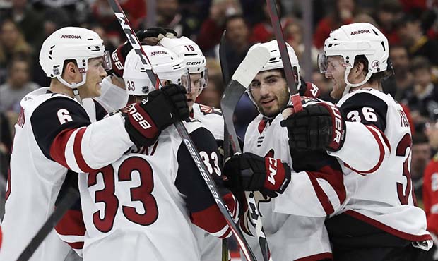 Arizona Coyotes right wing Christian Fischer, right, celebrates with teammates after scoring his go...