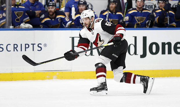 Arizona Coyotes' Jason Demers shoots during the first period of an NHL hockey game against the St. ...