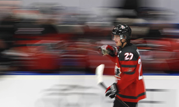 Canada's Barrett Hayton celebrates after scoring his sides second goal during the U20 Ice Hockey Wo...