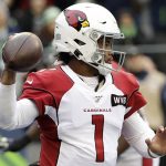 Arizona Cardinals quarterback Kyler Murray passes against the Seattle Seahawks during the first half of an NFL football game, Sunday, Dec. 22, 2019, in Seattle. (AP Photo/Elaine Thompson)