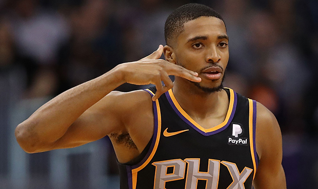 Mikal Bridges #25 of the Phoenix Suns reacts after hitting a three-point shot against the Golden St...
