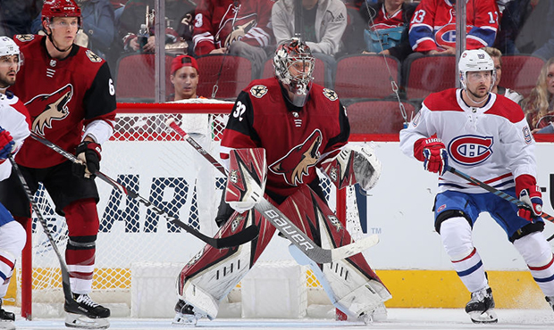 Goaltender Antti Raanta #32 of the Arizona Coyotes in action during the NHL game against the Montre...