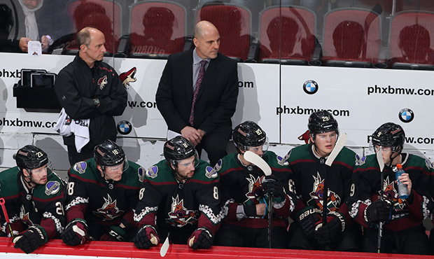 Head coach Rick Tocchet of the Arizona Coyotes looks over the bench during the NHL game against the...