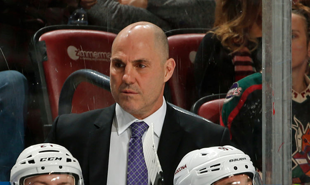 Head coach Rick Tocchet of the Arizona Coyotes looks on during the first period against the Florida...