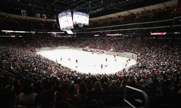 General view of action between the Arizona Coyotes and the Calgary Flames during the second period ...