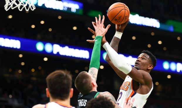 Deandre Ayton #22 of the Phoenix Suns shoots the ball during a game against the Boston Celtics at T...