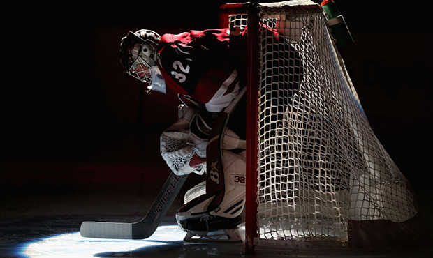 Goaltender Antti Raanta #32 of the Arizona Coyotes is introduced to the NHL game against the St. Lo...
