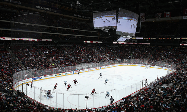 General view of action between the San Jose Sharks and the Arizona Coyotes during the second period...