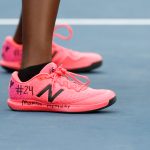 MELBOURNE, AUSTRALIA - JANUARY 27: A detail shot of the shoes of Coco Gauff of the United States that pay tribute to NBA star Kobe Bryant during her third round match Women's doubles match against Shuko Aoyama and Ena Shibahara of Japan on day eight of the 2020 Australian Open at Melbourne Park on January 27, 2020 in Melbourne, Australia. (Photo by Darrian Traynor/Getty Images)