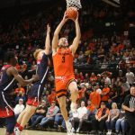 Oregon State's Tres Tinkle, right, shoots while Arizona's Nico Mannion defends him during the second half of an NCAA college basketball game in Corvallis, Ore., Sunday, Jan. 12, 2020. (AP Photo/Chris Pietsch)