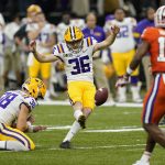 LSU place kicker Cade York misses a field goal during the second half of a NCAA College Football Playoff national championship game against Clemson, Monday, Jan. 13, 2020, in New Orleans. (AP Photo/David J. Phillip)
