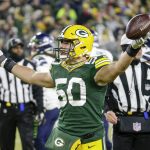 Green Bay Packers' Blake Martinez reacts after a third down stop during the first half of an NFL divisional playoff football game against the Seattle Seahawks Sunday, Jan. 12, 2020, in Green Bay, Wis. (AP Photo/Mike Roemer)