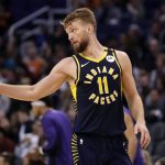 Indiana Pacers forward Domantas Sabonis points to a teammate after a three-pointer during the second half of an NBA basketball game against the Phoenix Suns, Wednesday, Jan. 22, 2020, in Phoenix. (AP Photo/Matt York)