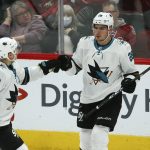 San Jose Sharks right wing Timo Meier (28) celebrates his goal against the Arizona Coyotes with Sharks center Antti Suomela (40) during the second period of an NHL hockey game Tuesday, Jan. 14, 2020, in Glendale, Ariz. (AP Photo/Ross D. Franklin)