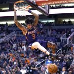 Phoenix Suns forward Kelly Oubre Jr. (3) dunks against the Charlotte Hornets during the second half of an NBA basketball game Sunday, Jan. 12, 2020, in Phoenix. Phoenix won 100-92. (AP Photo/Rick Scuteri)