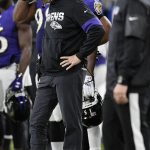 Baltimore Ravens head coach John Harbaugh reacts after a Ravens fumble recovered by the Tennessee Titanson during the second half of an NFL divisional playoff football game against the Tennessee Titans, Saturday, Jan. 11, 2020, in Baltimore. (AP Photo/Nick Wass)