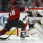 Arizona Coyotes center Christian Dvorak (18) gets set to shoot the puck past Anaheim Ducks goaltender John Gibson (36) for a goal during the third period of an NHL hockey game Thursday, Jan. 2, 2020, in Glendale, Ariz. The Coyotes won 4-2. (AP Photo/Ross D. Franklin)