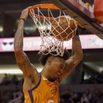 Phoenix Suns' Kelly Oubre Jr. dunks against the Orlando Magic during the second half of an NBA basketball game Friday, Jan. 10, 2020, in Phoenix. (AP Photo/Darryl Webb)