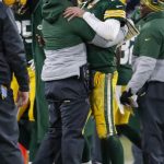 Green Bay Packers head coach Matt LaFleur celebrates a touchdown with Aaron Rodgers during the second half of an NFL divisional playoff football game against the Seattle Seahawks Sunday, Jan. 12, 2020, in Green Bay, Wis. (AP Photo/Matt Ludtke)