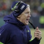 Seattle Seahawks head coach Pete Carroll yells during the first half of an NFL divisional playoff football game against the Green Bay Packers Sunday, Jan. 12, 2020, in Green Bay, Wis. (AP Photo/Darron Cummings)