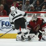 Arizona Coyotes goaltender Adin Hill (31) makes a save on a penalty shot by Los Angeles Kings left wing Austin Wagner (51) during the second period of an NHL hockey game Thursday, Jan. 30, 2020, in Glendale, Ariz. (AP Photo/Ross D. Franklin)