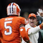 Clemson head coach Dabo Swinney yells to Clemson defensive end K.J. Henry during the second half of a NCAA College Football Playoff national championship game against LSU, Monday, Jan. 13, 2020, in New Orleans. (AP Photo/David J. Phillip)
